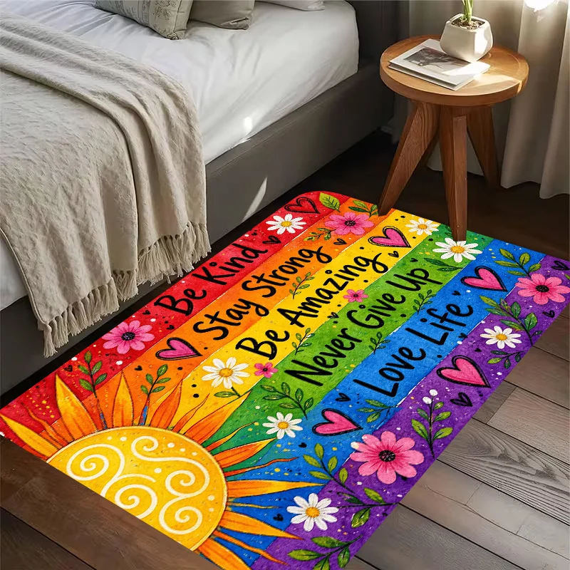 Rainbow Floral Inspirational Slogan 2D Flat Print Non Slip Washable Rug Mat For Entrance Hallway Bathroom Porch Home Decor