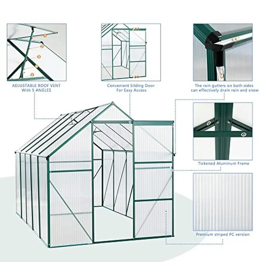 Hybrid Polycarbonate Greenhouse Aluminum Frame Sliding Door  Adjustable Vent Window Walk-in Hobby Greenhouses Rust-Resistant