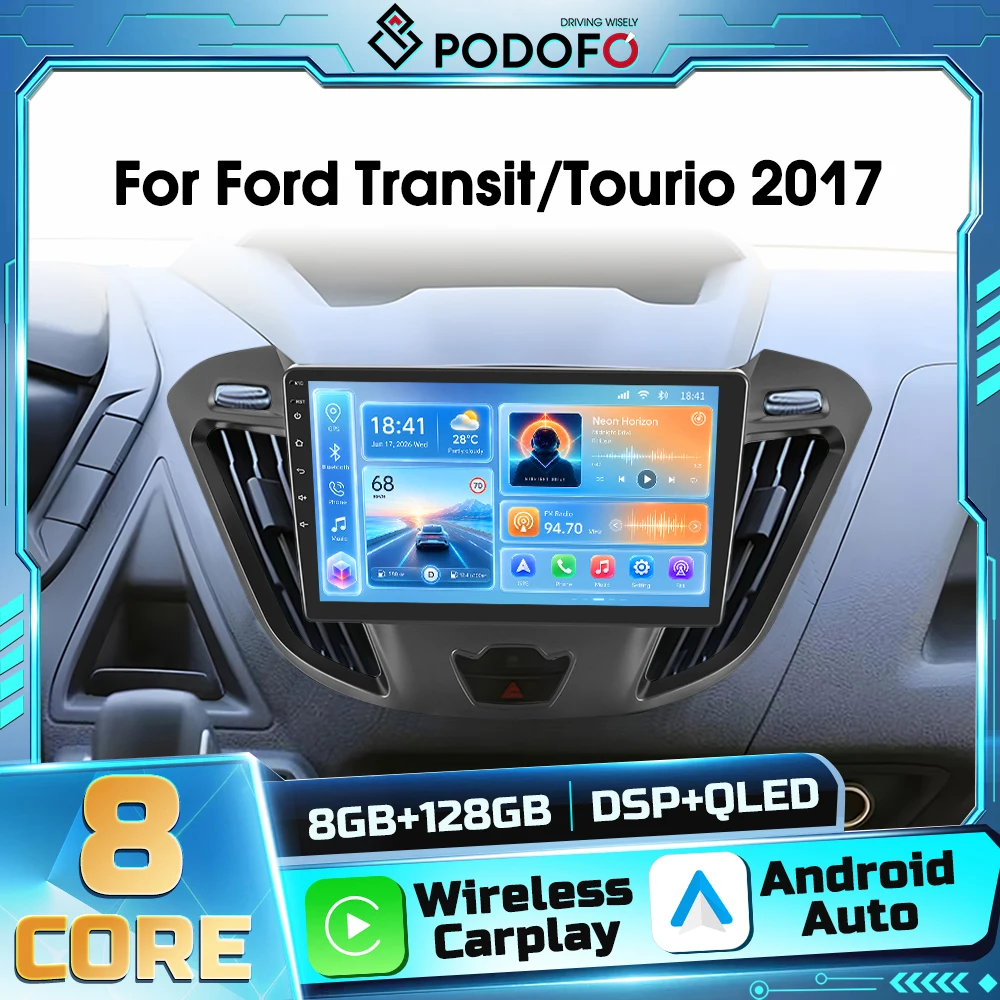 Autoradio Android 2DIN Podofo per Ford Transit/Tourio 2017, con navigazione GPS, Carplay wireless, Android Auto, WIFI, DSP, FM, RDS e Bluetooth.