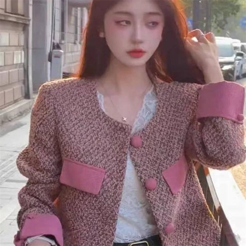 2026 New Temperament Coarse Woolen Top Jacket Women's Woolen Blend Jacket Spring Autumn Small Fragrant Style Pink Short Coat
