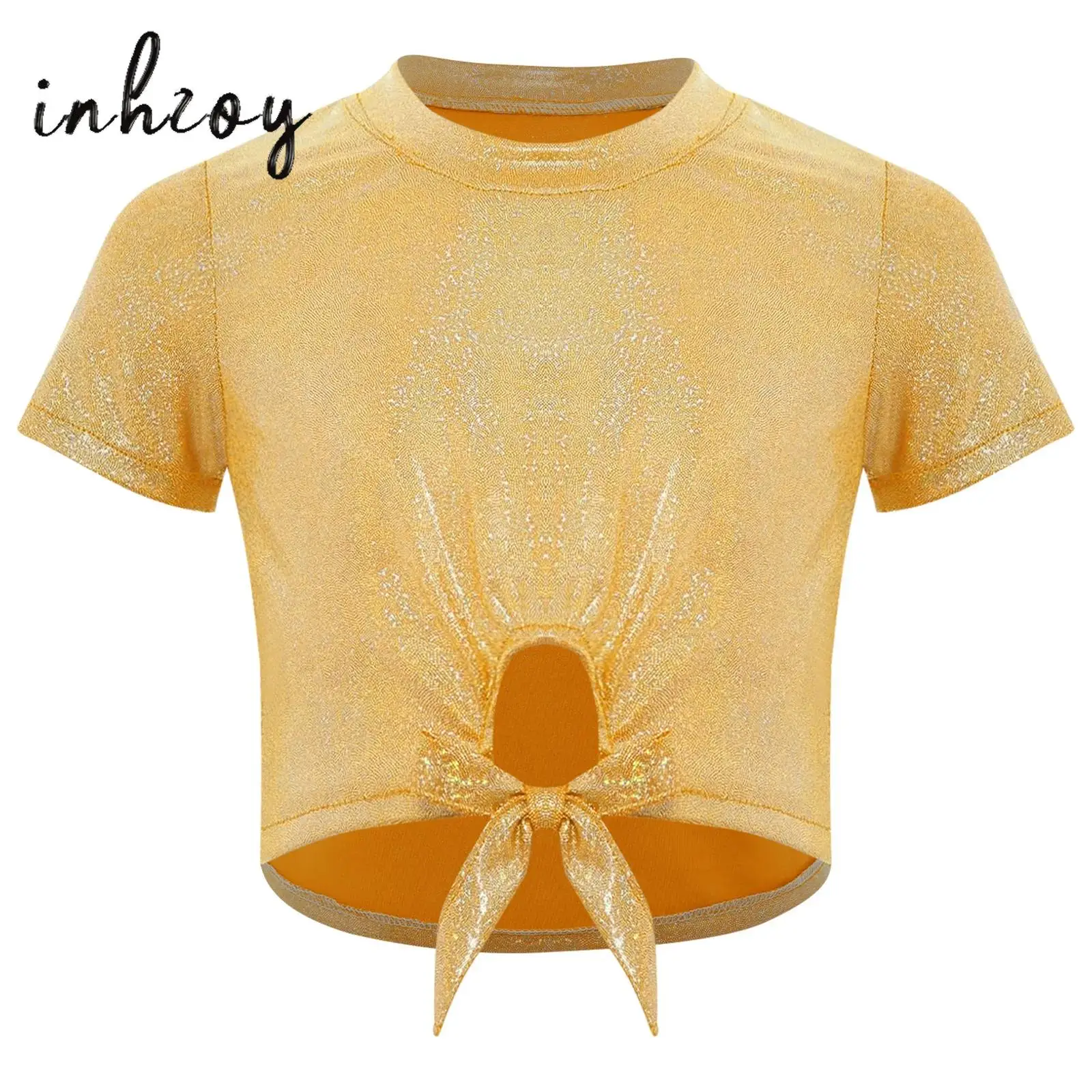 

Kids Girls Tees Cheerleading Jazz Dance Stage Performance Lace-Up Cutout Hem Metallic Crop Top Round Neck Short Sleeves T-shirt
