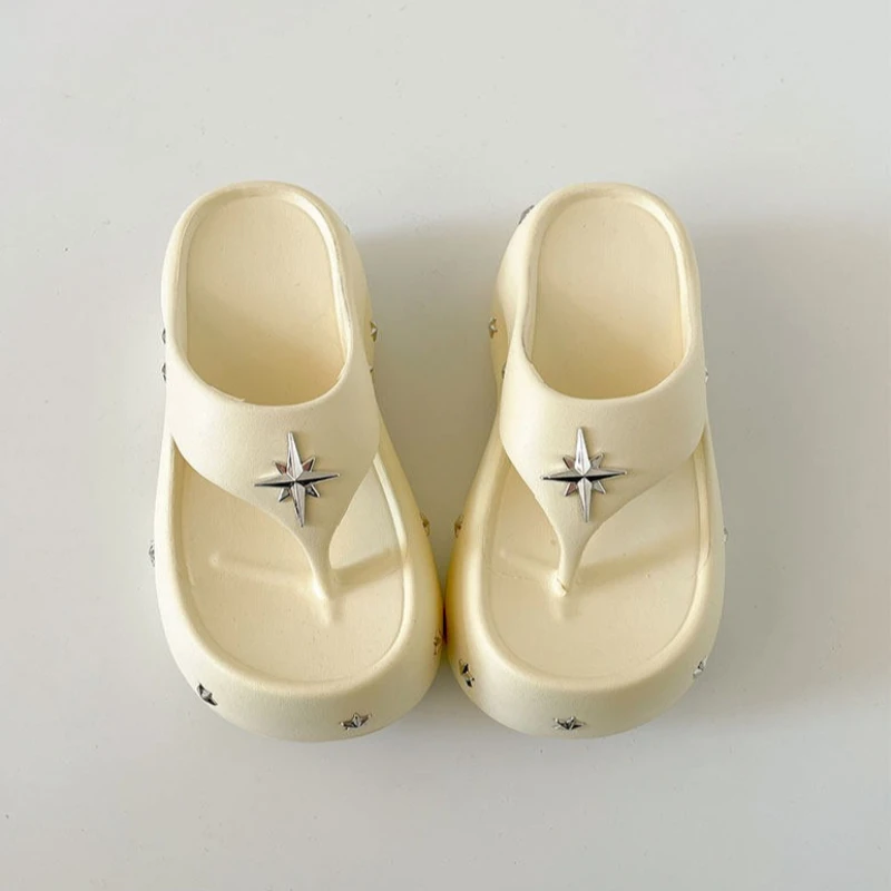 Rivet Metal Star Punk Style Thick Bottom Flip Flops Summer Women New Anti Slip Height Increasing Slippers Outdoor Beach Travel