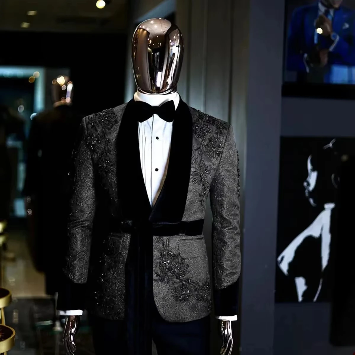 Aangepaste Mannen Pakken Bruiloft Maatwerk Party Tuxedo 2 Stuks Slim Fit Gedrukt Blazer Jas Kristal Bruidegom Prom Zanger Bruidegom