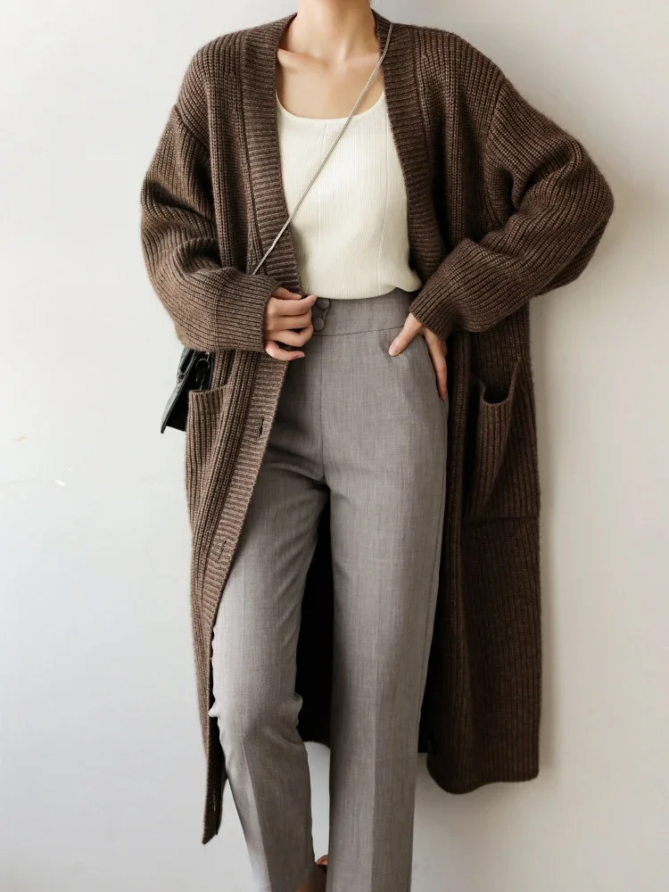 

Fall Long Knitted Cardigan Single Breasted V-neck Malhas Coat Solid Color Soft Sweater Abrigo Loose Warm Tops Jackets XQ797