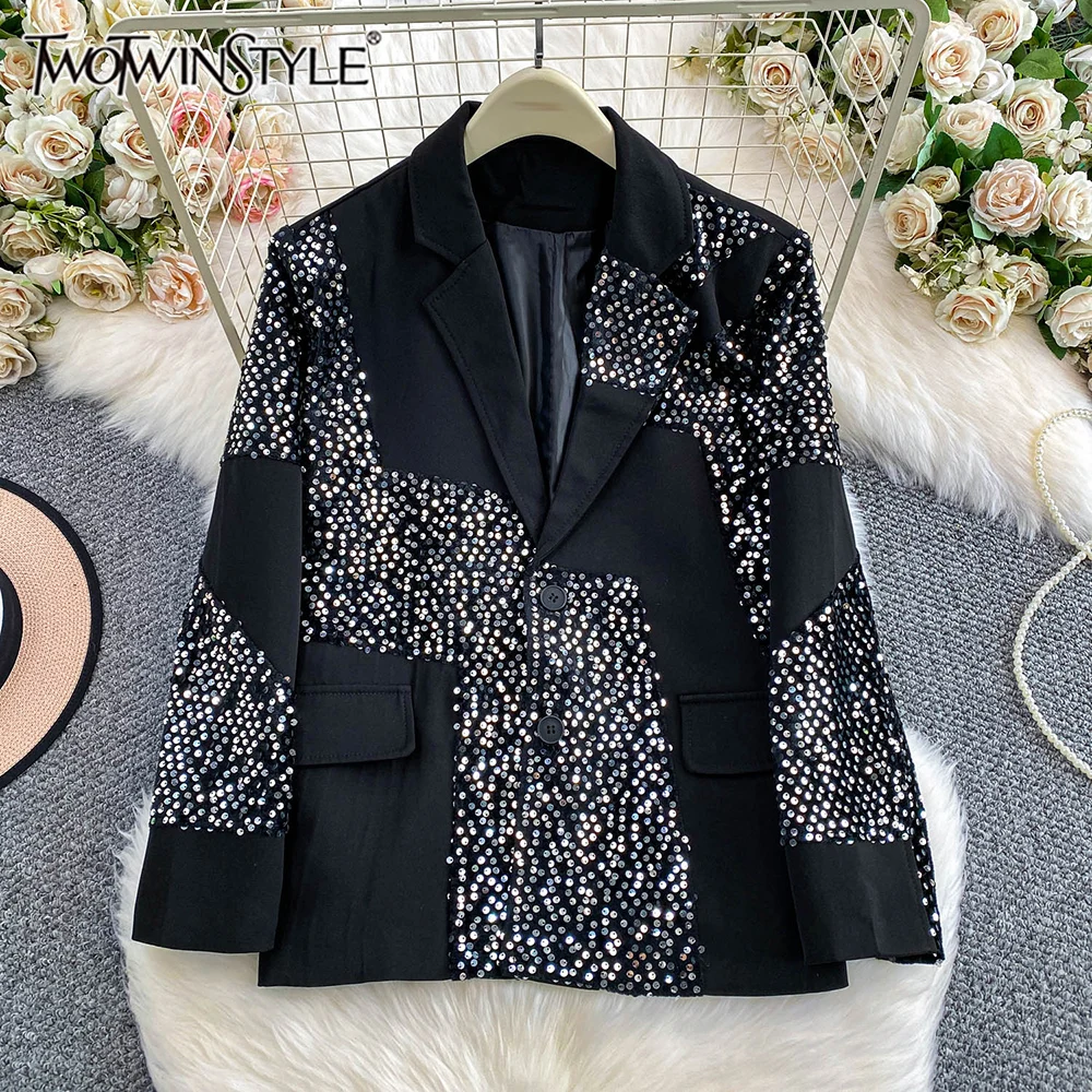 

TWOTWINSTYLE Temperament Commute Hit Color Blazers For Women Lapel Long Sleeve Autumn Casual Jacket Female Fashion New KJA553176