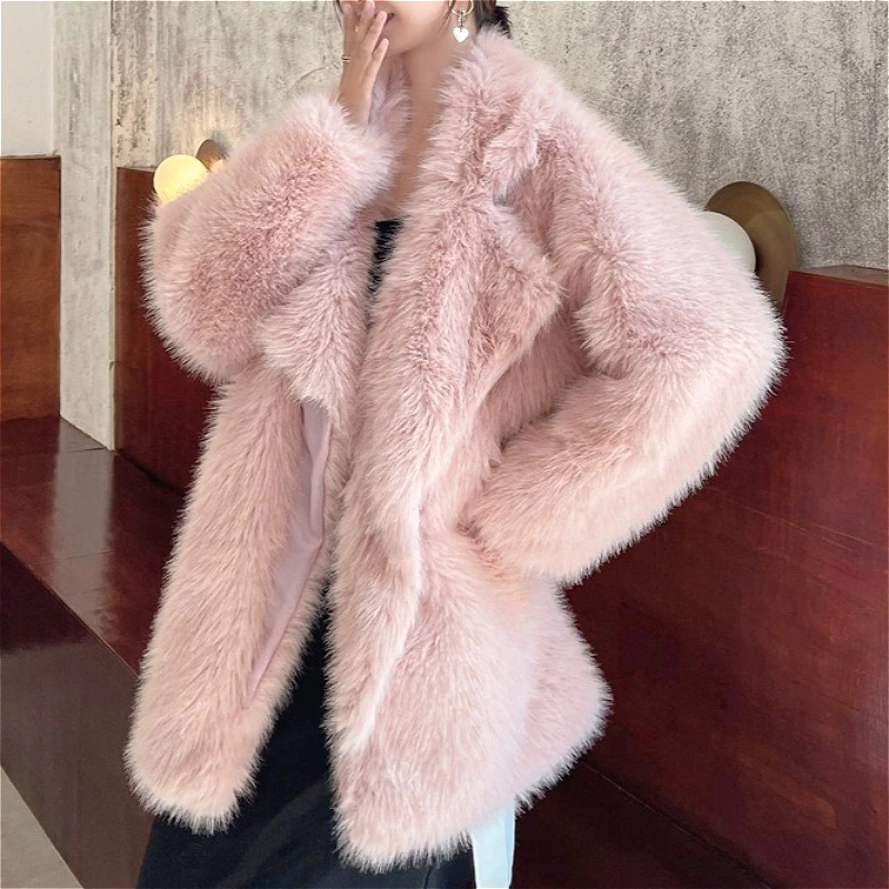 Faux Fur Fox Coats Women Jackets Turn Down Collar Mid Length Coat Thick Warm Y2k Streetwear Jacket Elegant Work Autumn Winter