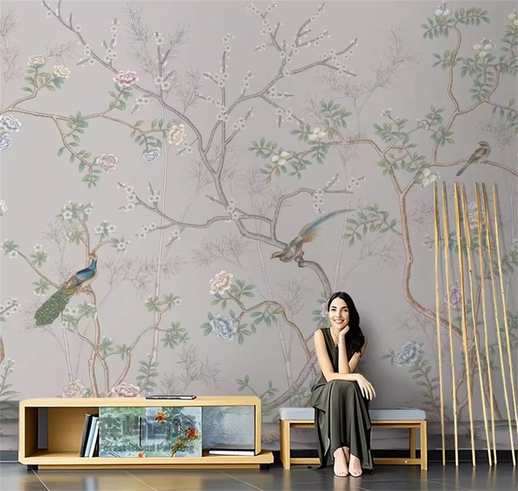 

Customized wallpaper TV background wall bird chirping floral fragrance retro living room sofa study bedroom decoration mural