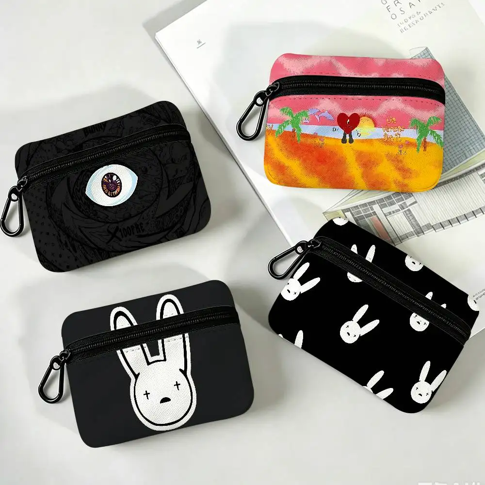 Global Reggaeton Star B-Bad Bunnys Mini Hanging Oxford Cloth Coin Bag Durable Zipper Key Card Pouch With Carabiner