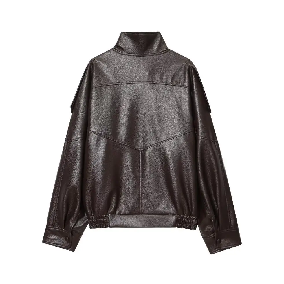 جاكيتات نسائية من الجلد الصناعي، معاطف أنيقة بياقة واقفة وأكمام طويلة، جاكيتات فضفاضة للخريف والشتاء، ملابس خارجية نسائية عصرية