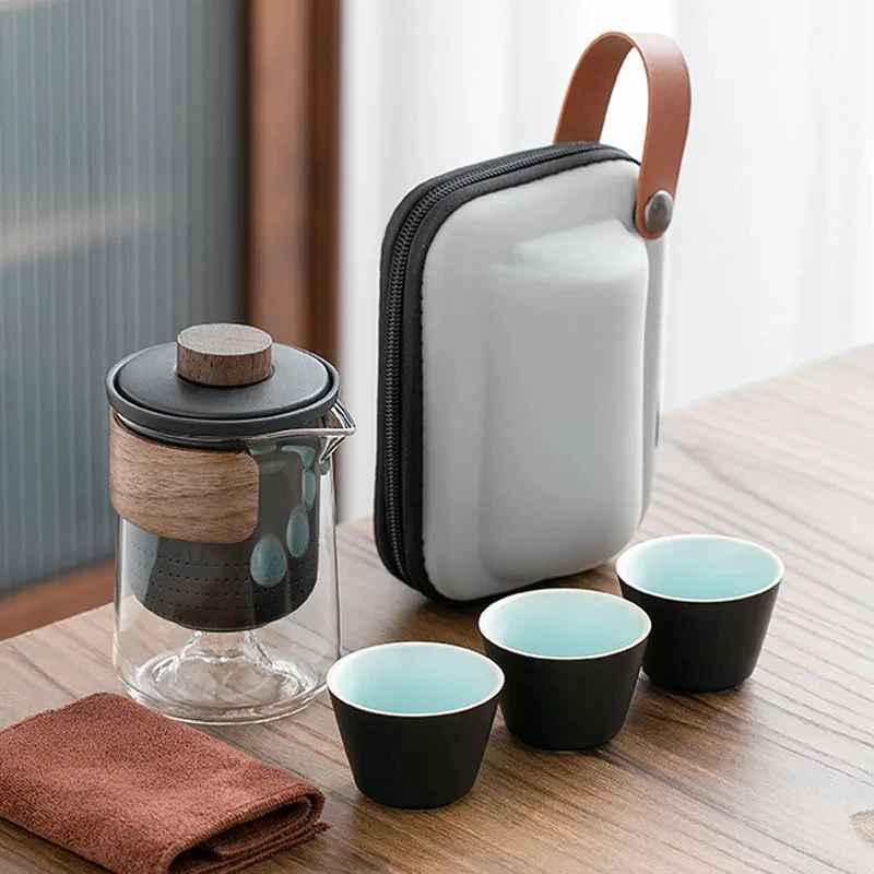 Zen Teapot Travel Portable Teapot and 3pcs Ceramic Tea Cup Set Kit with Carrying Bag Glassy Teapot Chinese Kung Fu Tea Set Gift