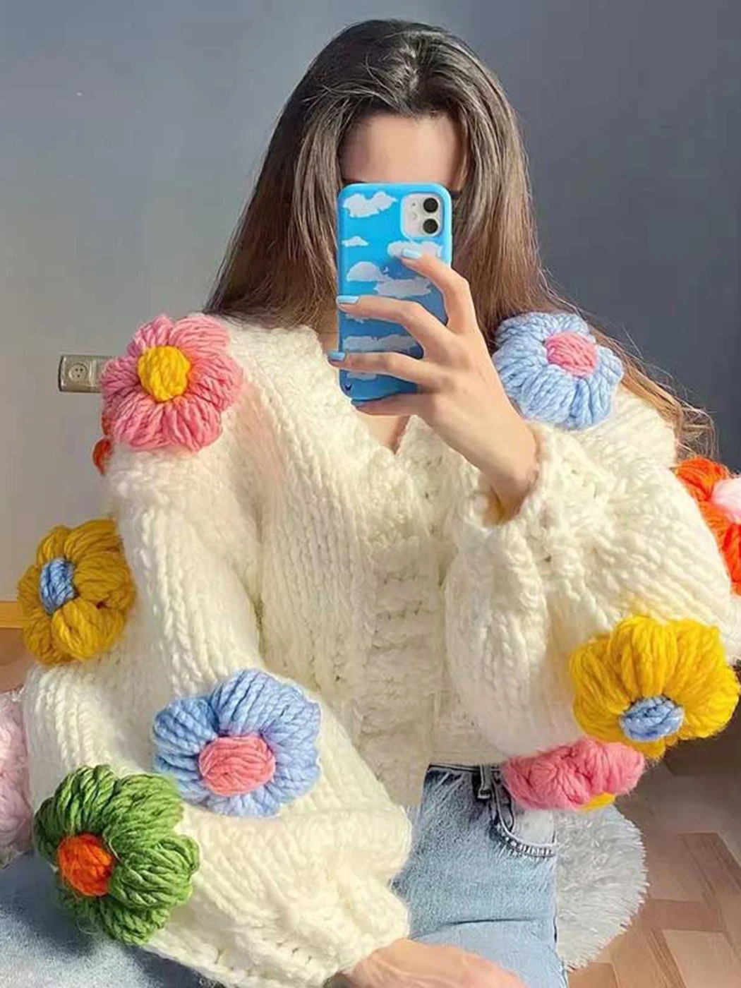 Jastie 2022 Winter Women\'s Cardigans Multicolor Floral Knitted Decoration Long Sleeve Loose Coats Warm Sweaters 3 Colors