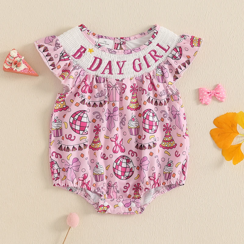 Summer Newborn Infant Baby Girl Birthday Romper Cake Bow Smocked Fly Sleeve Round Neck Jumpsuit Summer Clothes