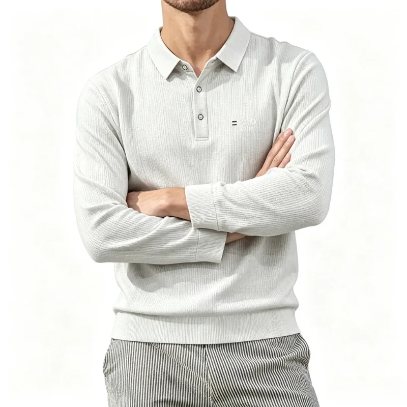 Men's Printed Polo Shirts Autumn Business Casual Long Sleeved Work T Shirts Comfortable Breathable Workwear Top Office T Shirts