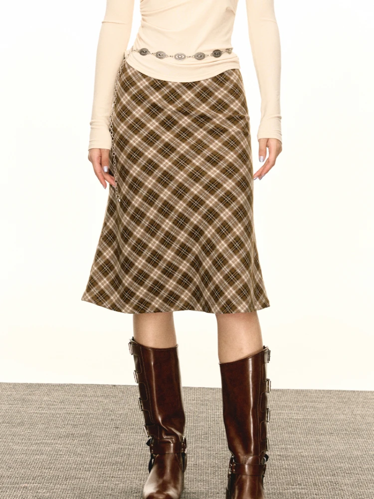 Skirt Polyester Plaid A- line Low Waist Women's Coffee Color American Retro Autumn New Design Sense Slim Mid Fashion All-Match