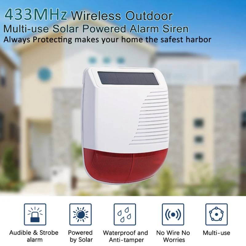 433MHz Wireless Outdoor Solar Siren Home Security Waterproof Light Flash Strobe Alarm Siren Easy Installation Long Battery Life