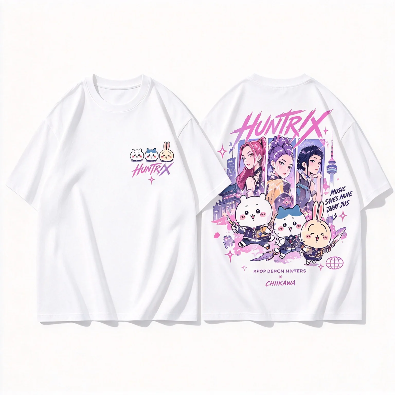 Men's Women's Kpop Chiikawa HUNTRIX Cute Girl Group Retro Cool Graphic Art Print Oversized Short Sleeve Streetwear Top