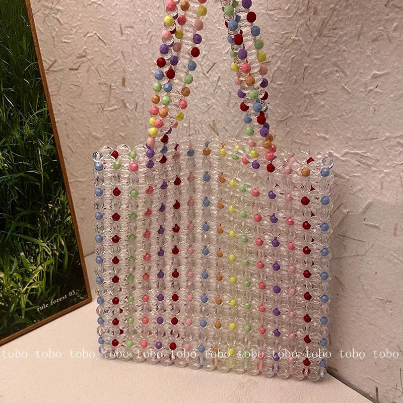 Handmade Large Beaded Handbags Designer Colorful Bead Patchwork Shiny Handbag Sweet Large Capacity Women\'s Shoudler Tote Bag