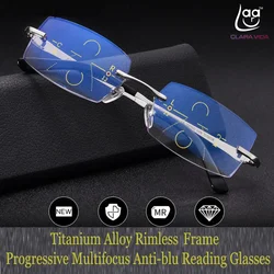 Clara Vida Progressive Multifocal Reading Glasses Rimless Diamond Cut For Edges See Near And Far Top 0 Add +0.75 To +3
