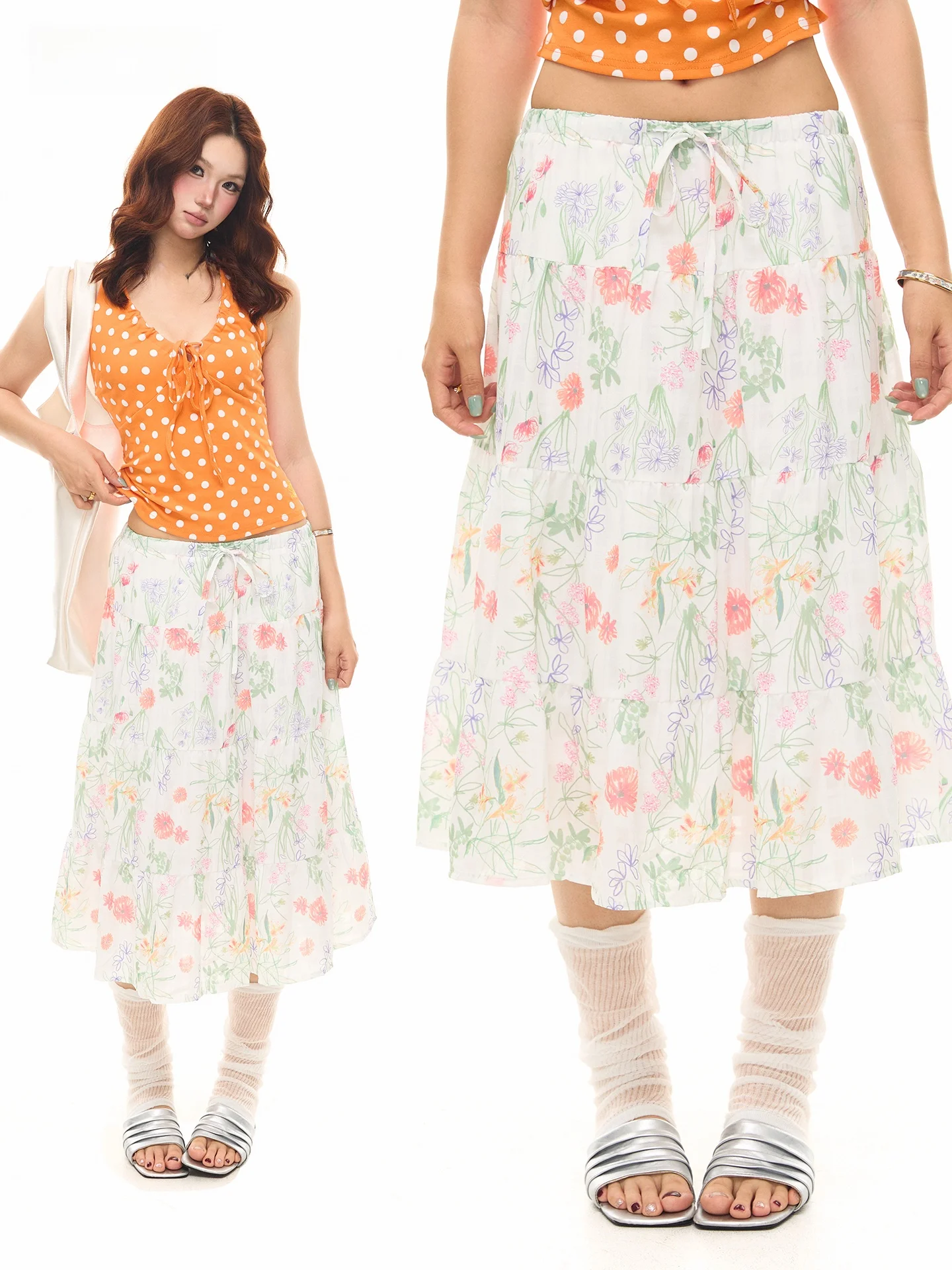 

Sanowers Floral Print A-Line Midi Skirt Women Summer Slimming Elegant Half-length Cake Skirt Casual High Waist Elastic Waist