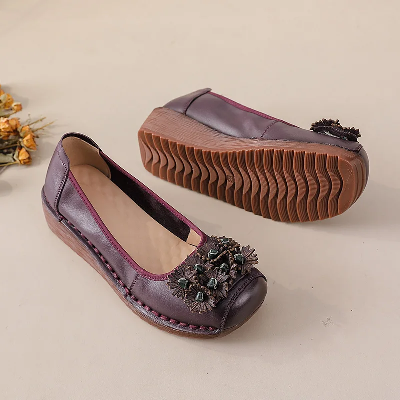 

Retro flower purple flats women's real leather wedge shoes mother driving moccasins woman luxury elegant vintage flats walking