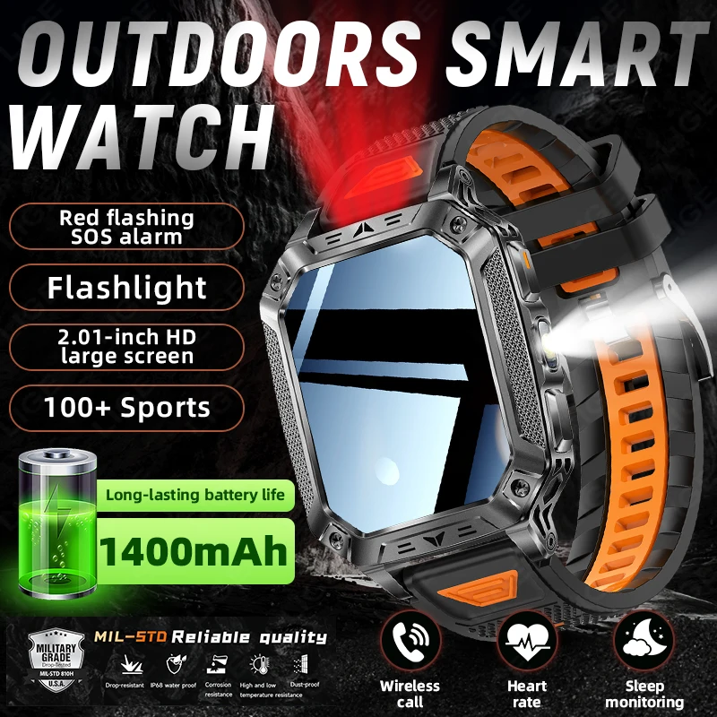 

Смарт-часы для мужчин с аккумулятором 1400 мАч, водонепроницаемостью IP68, LED-фонариком и пульсометром, для активного отдыха, новинка 2026 года