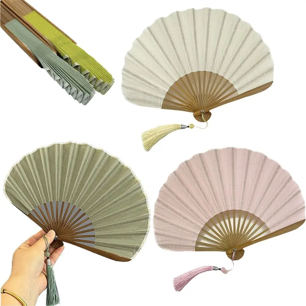 Cotton Linen Cloth Folding Hand Fan Bamboo Frame with Tassel Mini Shell Fan Decoration Solid Color Retro Handheld Fan