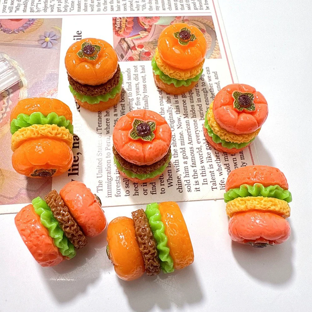 10PCS Mini Persimmon Burger Series Miniature Flat Back Resin Cabochons For Hairpin Scrapbooking DIY Home Decor Craft Accessories