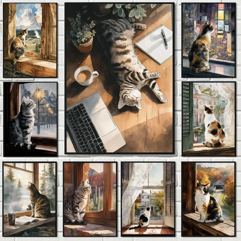 1pc frameless Canvas Painting Animal American Shorthair Cat Portrait Poster Cute Pet City Street Landscape Window Canvas Paintin