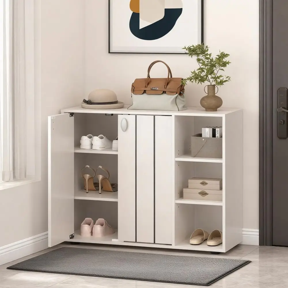 

3-Level Adjustable Wooden Shoe Rack Cabinet for Entryway, Hallway, and Living Room in White