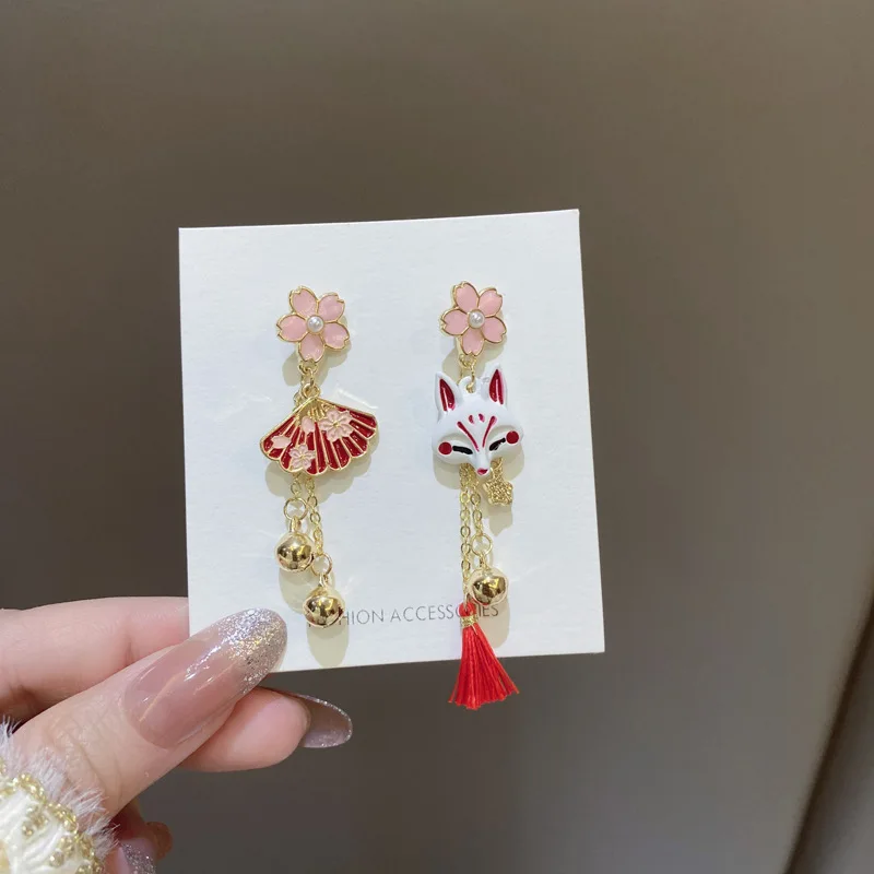 Chinese Style Fox Mask Folding Fan Asymmetrical Long Tassel Earrings For Women Girls Cherry Blossom Earring Christmas Jewelry