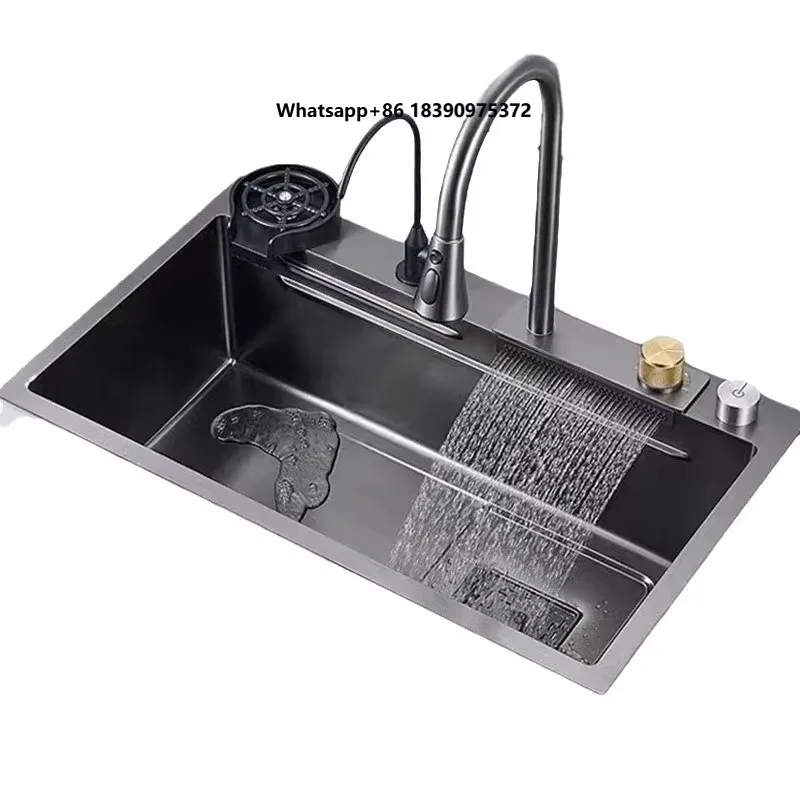 Two Waterfall & Single-Bowl Sink Handmade Stainless Steel Durable Scratch-Resistant Smart Kitchen Sink