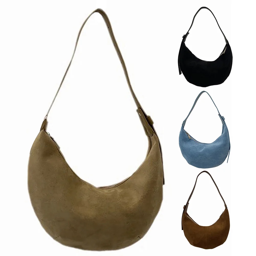 

Women Suede Underarm Bag Solid Retro Handbag Trendy Shoulder Bag Zipper Closure Clutch Purse for Work Travel