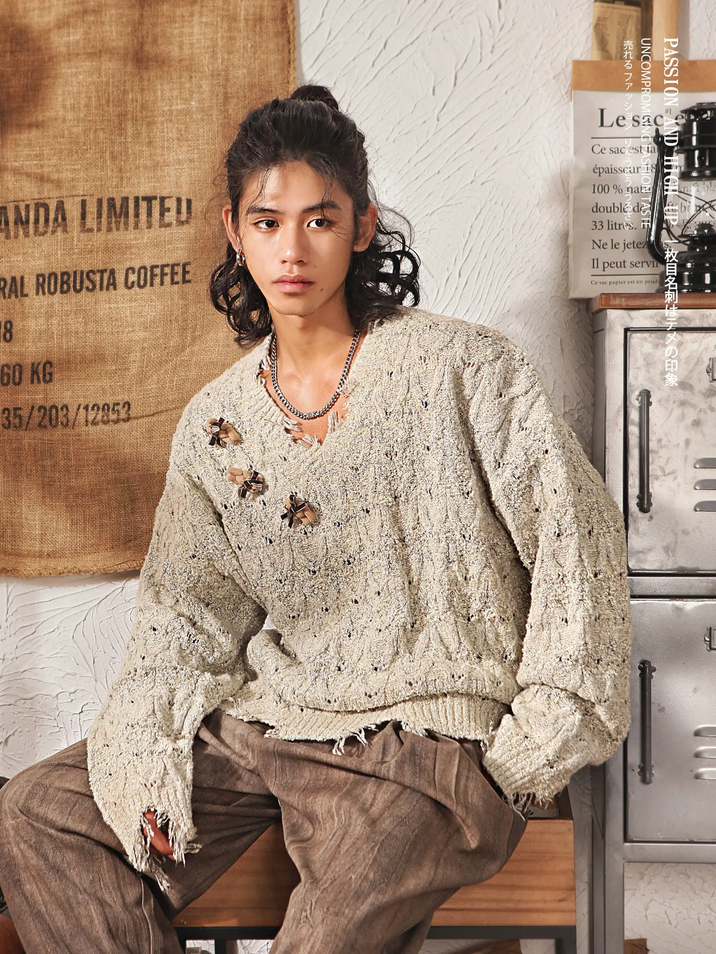 Autumn Winter Japanese Retro Style V-Neck Coffee Color Sweater Men's Tassel Handsome Apricot Color Knitted Sweater