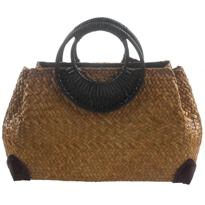 Bolsa de Palha Feminino Tecido à Mão com Cabo de Madeira Feito à Mão Estilo Vintage para Viagem Praia Verão