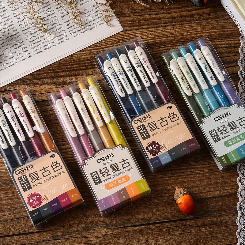 Retractable Vintage Color Gel Pen Quick Dry Ink 0.5mm Retro Pen for Planner Drawing School Office Stationery Refill