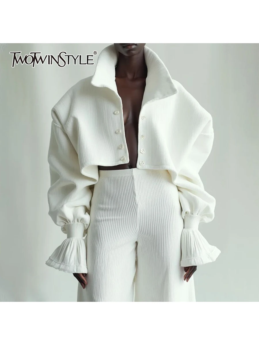 TWOTWINSTYLE Solid Spliced Ruffle Loose Jacket for Women High Collar Lantern Sleeve Patchwork Single Breasted Jackets Female New