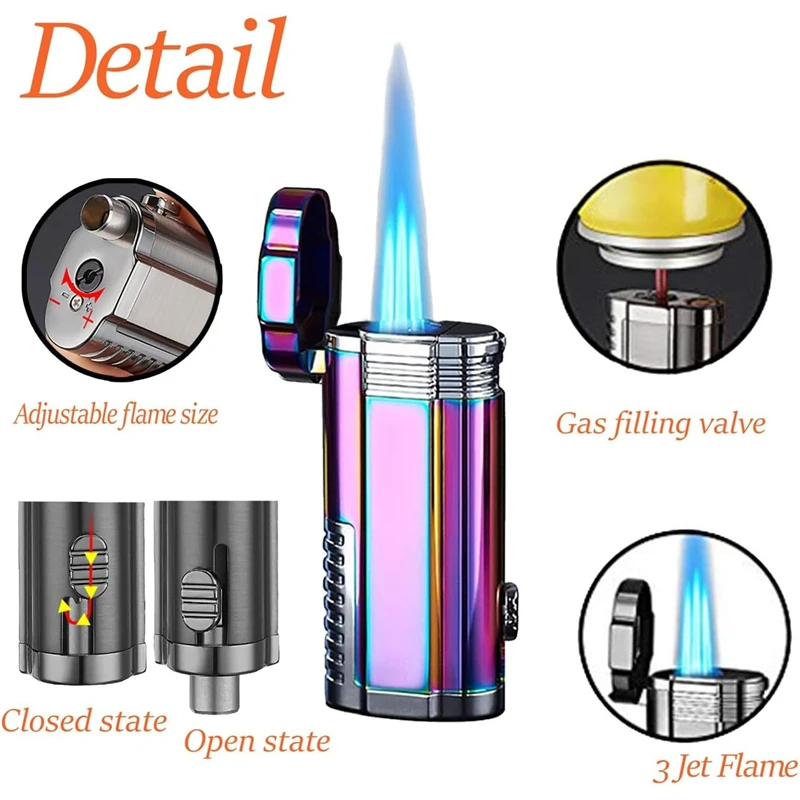 Triple Jet Flame Cigar Lighter With Cigar Knife Multifunctional Windproof Butane Adjustable Flame Lighters For Candles Camping