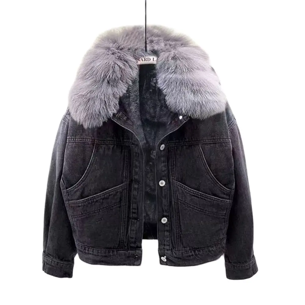 

Winter Denim Jacket Women Fashion Fur Collar Warm Fleece Velvet Lining Denim Coats Bomber Outerwear Female Blue Chaqueta Mujer