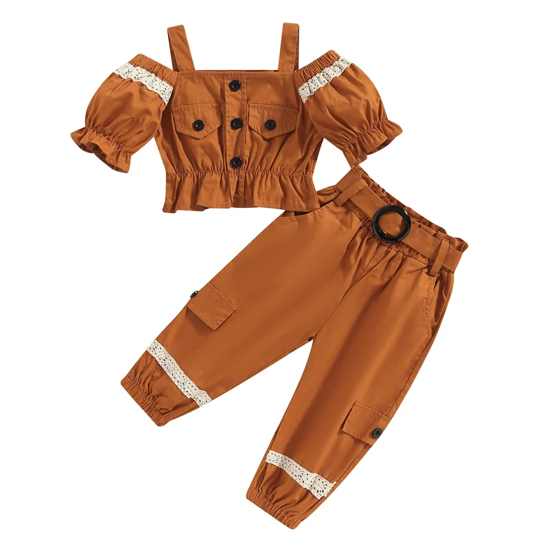 

Girls Summer Clothing Sets Fashion Kids Children Short Sleeve Cold Shoulder Tops + Cargo Pants Outfit Baby Clothes 1-6Y