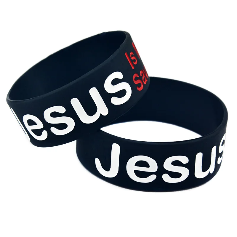 1 Stück 1 Zoll breites Silikon-Gummi-Armband mit der Aufschrift „Jesus ist mein Erlöser“ – religiöser Bibelvers-Armreif in Schwarz – Detail 3
