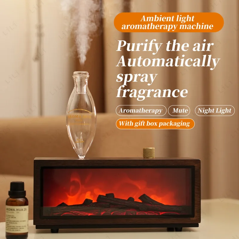 Retro Simulation 3D Flame Fireplace Waterless Diffuser Small Night Light Atomized Solid Wood Two Fluid Aromatherapy Machine