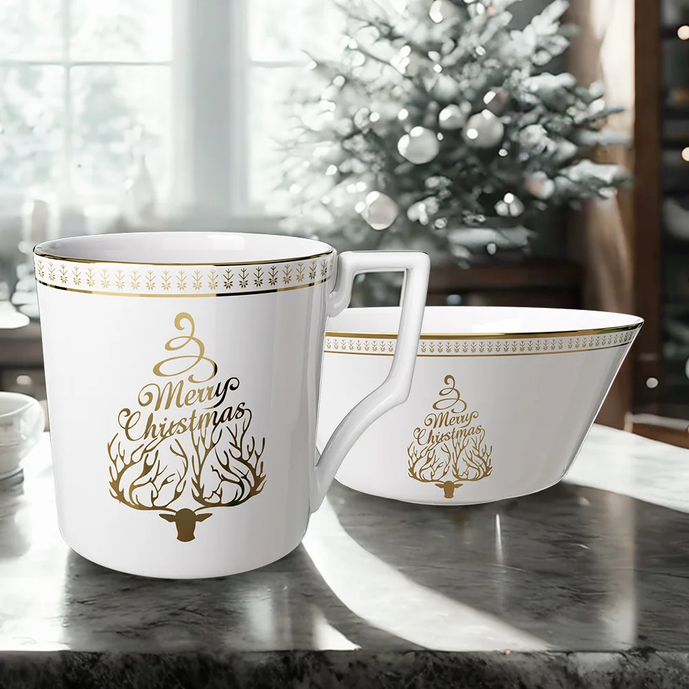 Luxury Merry Christmas Gold Rim Bone China Plate Set White Ceramic Steak Dessert Plates for Family Holiday Xmas Dinner Decoratio