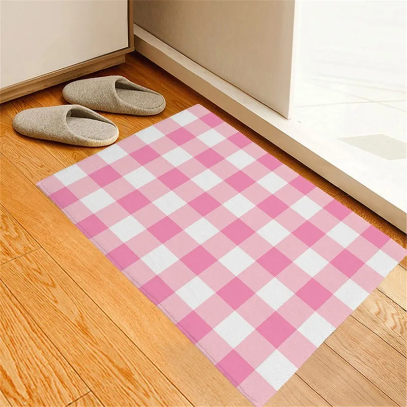 Durable Printed Doormat Cute Pink White Gingham Plaid Art Floor Mat for Kitchen Bedroom Indoors Outdoors European Home Daily