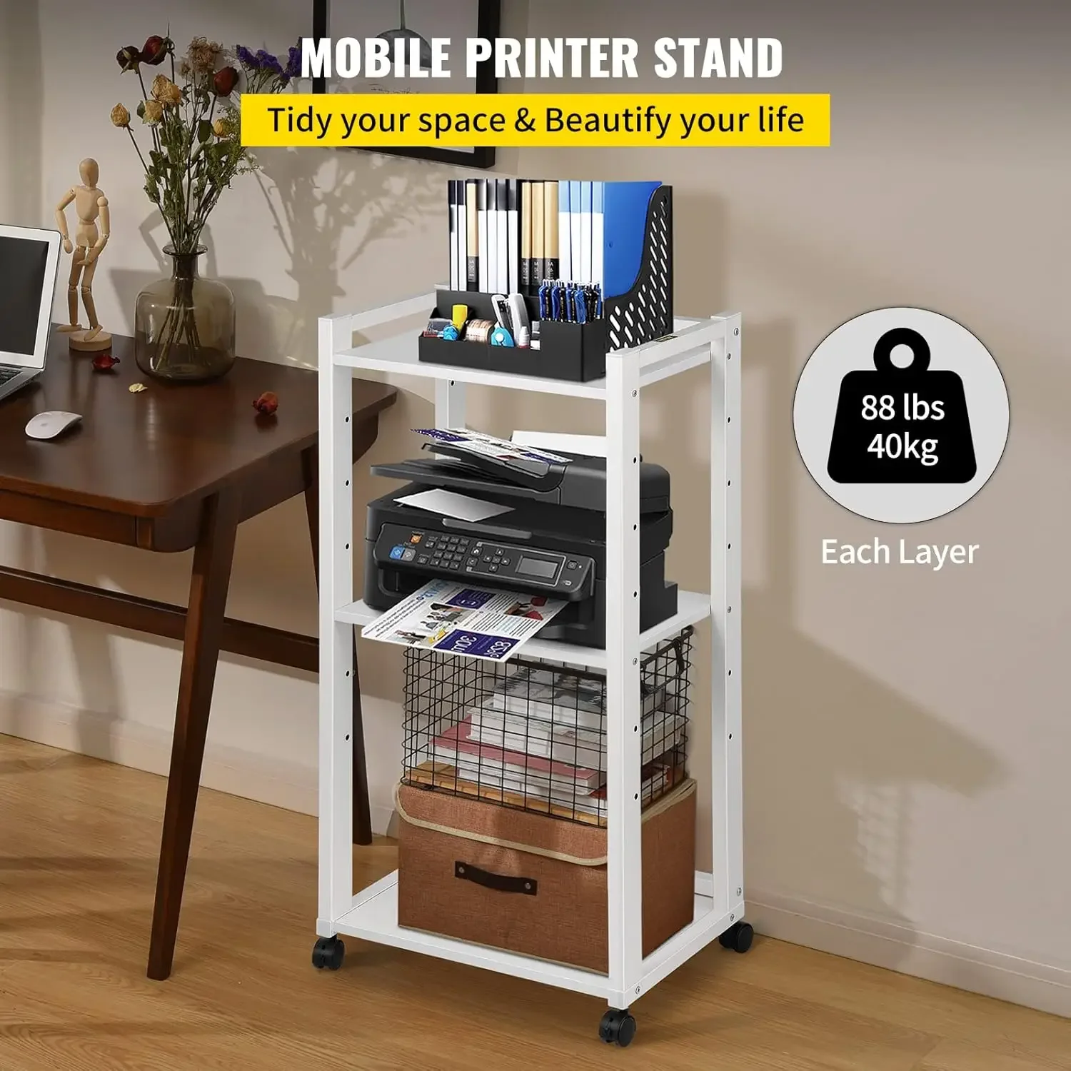 Printer Stand, 3-Tier Rolling Printer Cart, Adjustable Storage Shelf Rack on Lockable Wheels, 19.69x 13.78x 42 inch PrinterTable