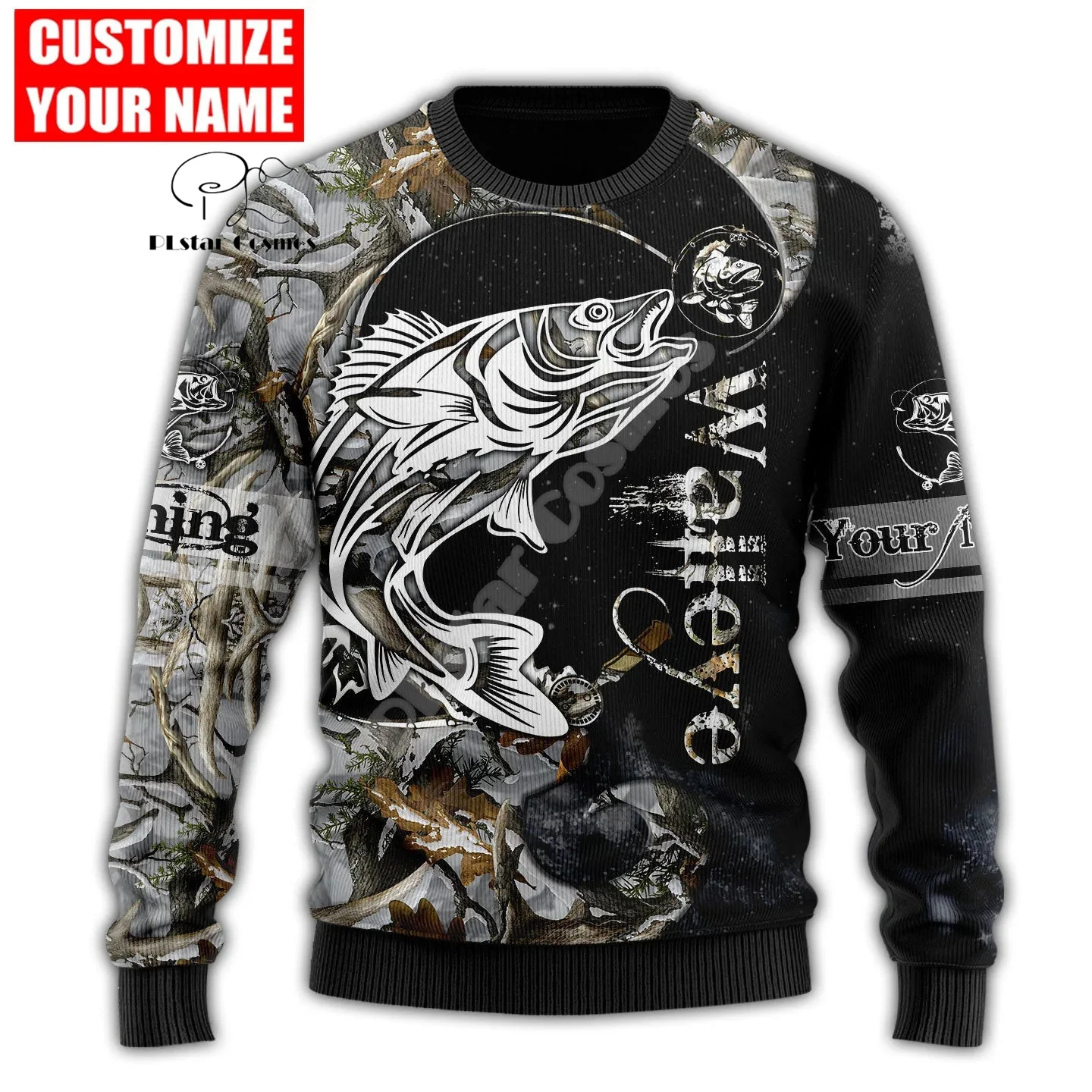 Custom Name Animal Bass Walleye Fishing Knitted Sweater Graffiti Retro Vintage 3DPrint Pullover Harajuku Casual Long Sleeves X1