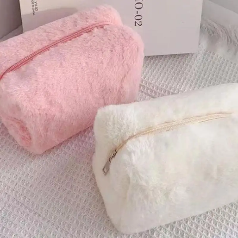 Cute Plush Makeup Bag For Women Portable Travel Small Cosmetic Bags Solid Color Zipper Toiletry Bag Washing Pouch Storage Bags