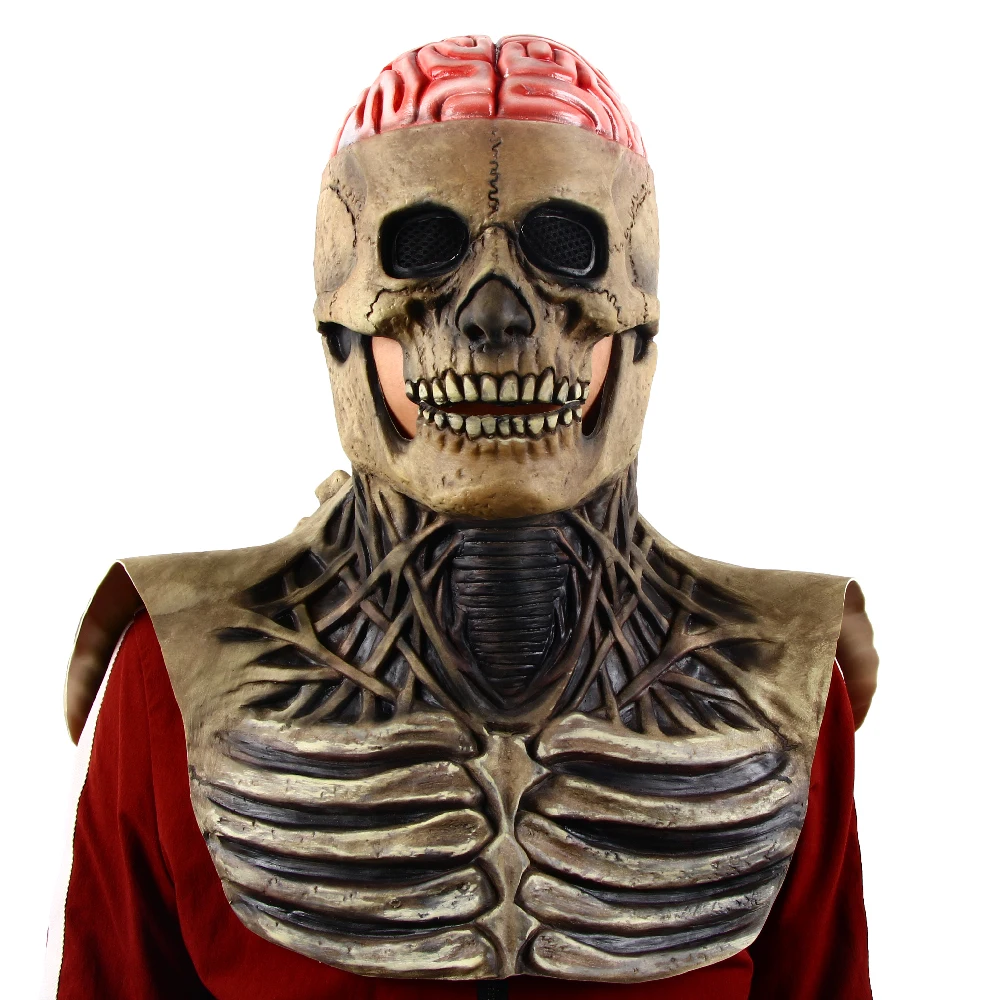 Scary Skull Mask Full Head Skeleton Headgear Creepy Biochemical Realistic Brain Masks Halloween Cosplay Latex Horror Mask