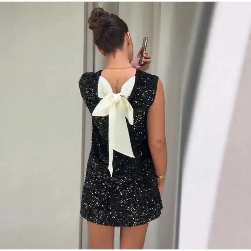 New Fashion Women Back Bow Sequin Mini Dress For Women Shining Chic Sleeveless O-neck Evening Party Dresses Female Vestidos 