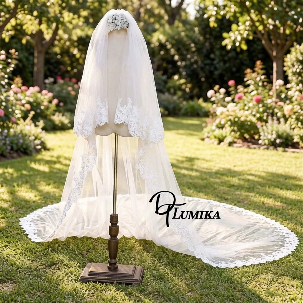 Two Tier Cathedral Wedding Veil Lace Trim Long Bridal Headpiece Sheer Tulle Veil Brides Elegant Wedding Accessory For Bridal
