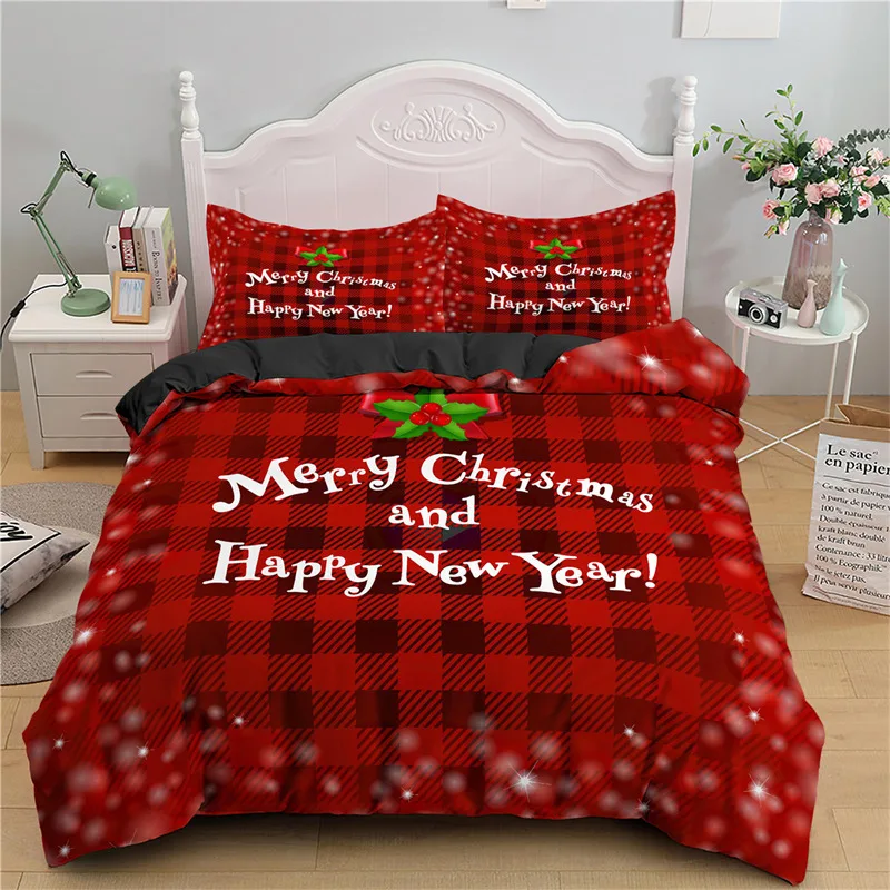 

Merry Christmas Duvet Cover King For Boys Girls Microfiber Santa Claus Cute Deer Cartoon Animals Red Plaid 3D Print Bedding Set